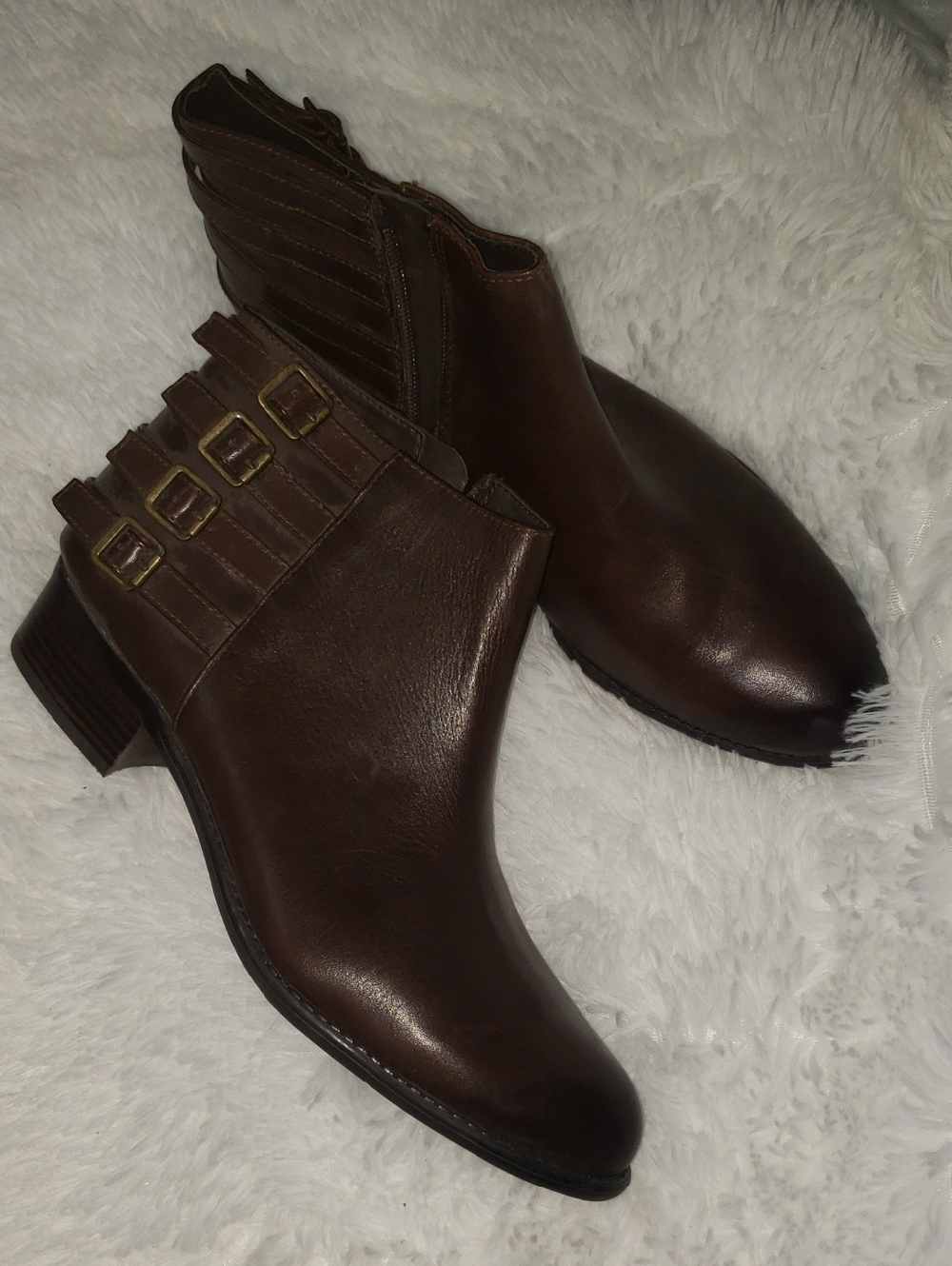 Franco Sarto Dark Brown Leather Ankle Booties with Buckle Straps